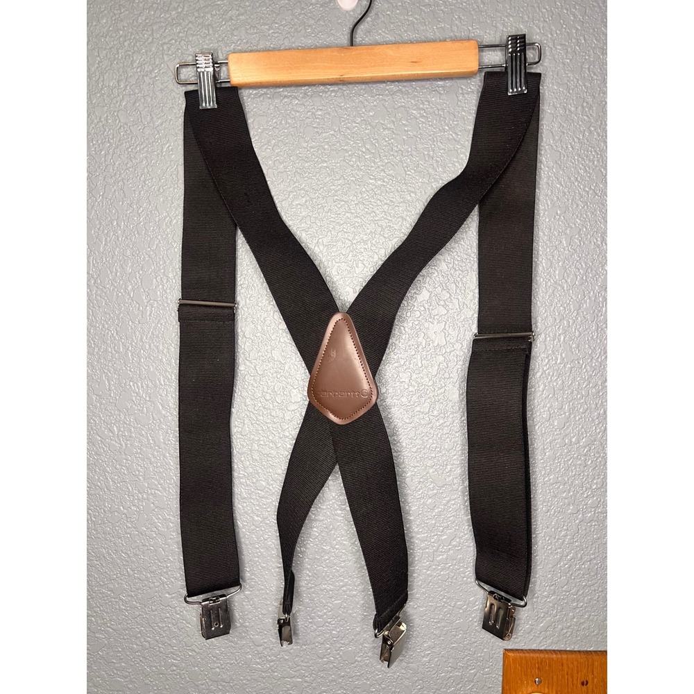 Carhartt Mens Utility Suspenders Black Heavy Duty Adjustable X-Back Leather Logo